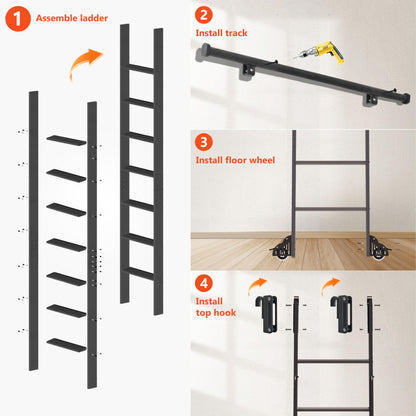 87" Sliding Library Ladder, Black +12FT Rolling Track Kit