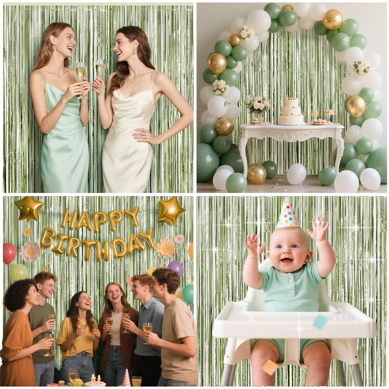 4 Packs Sage Green Foil Fringe Curtain, Light Green Glitter Metallic Tinsel Backdrop for Boho Birthday Wedding Bridal Baby Shower Engagement Martini Party Decorations Supplies