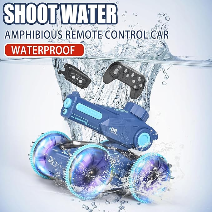 3-in-1 Remote Control Car RC Boat &amp Water Gun - Amphibious RC Car for Land &amp Water Adjustable Speed Waterproof Perfect Valentines Birthday Gifts for Kids-Blue