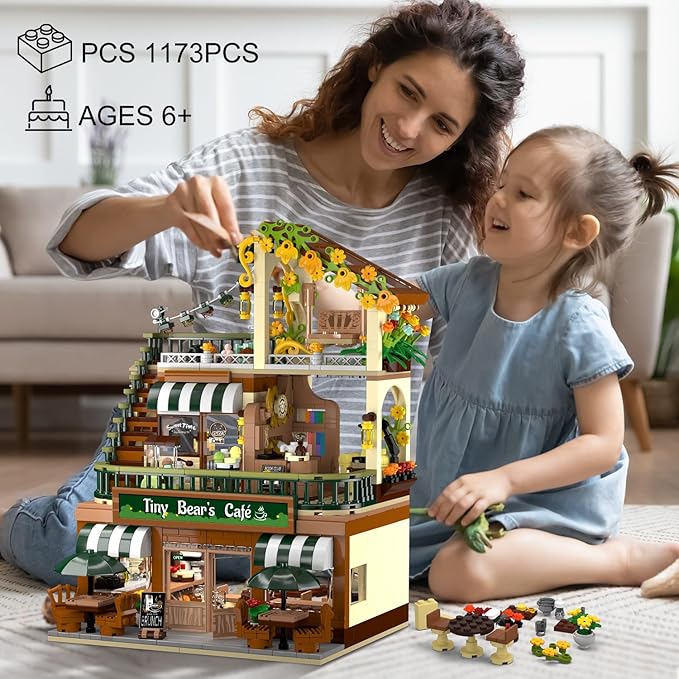 City Coffee House Building Set with Light 1173 PCS Cafe Shop Building Block Toy with Ordering Counter Baking Room House Construction Model Gift for Adults Teens Kids Boys Girls Ages 6-12+