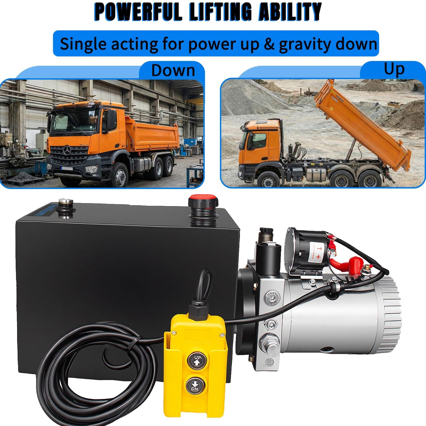 Vexillium 12 Quart Hydraulic Power Unit, Single-Acting Electric Hydraulic Pump, DC 12V 3200 PSI, Metal Reservoir for Dump Truck & Dump Trailer Hydraulic Systems