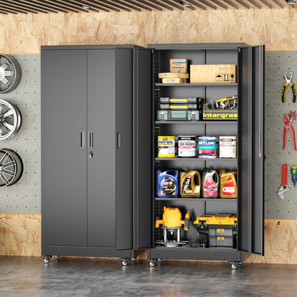 INTERGREAT73 Garage Storage Cabinet with Wheels, Rolling Metal Storage Cabinet with Locking Doors and 4 Adjustable Shelves,- 73" Steel Tool Cabinet for Home Office,Garage,Warehouse，Black