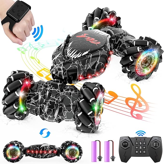 RC Stunt Car 2.4GHz LED Gesture Sensing 4WD Double Sided Rotation with Lights and Music All Terrain Rotation Drift Car - Birthday Gifts for Boys &amp Girls (Black)