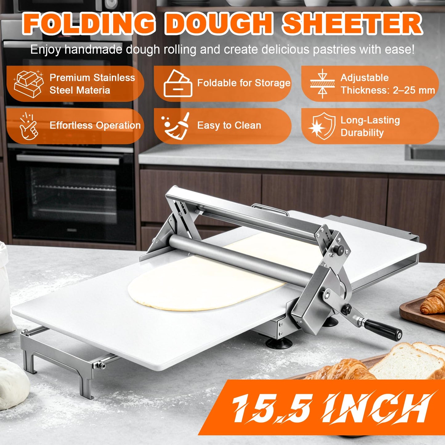 15.5" Folding Dough Sheeter, Manual Dough Roller Machine, Stainless Steel Adjustable Thickness 2-25mm, Countertop Dough Sheeter for Home and Commercial Use