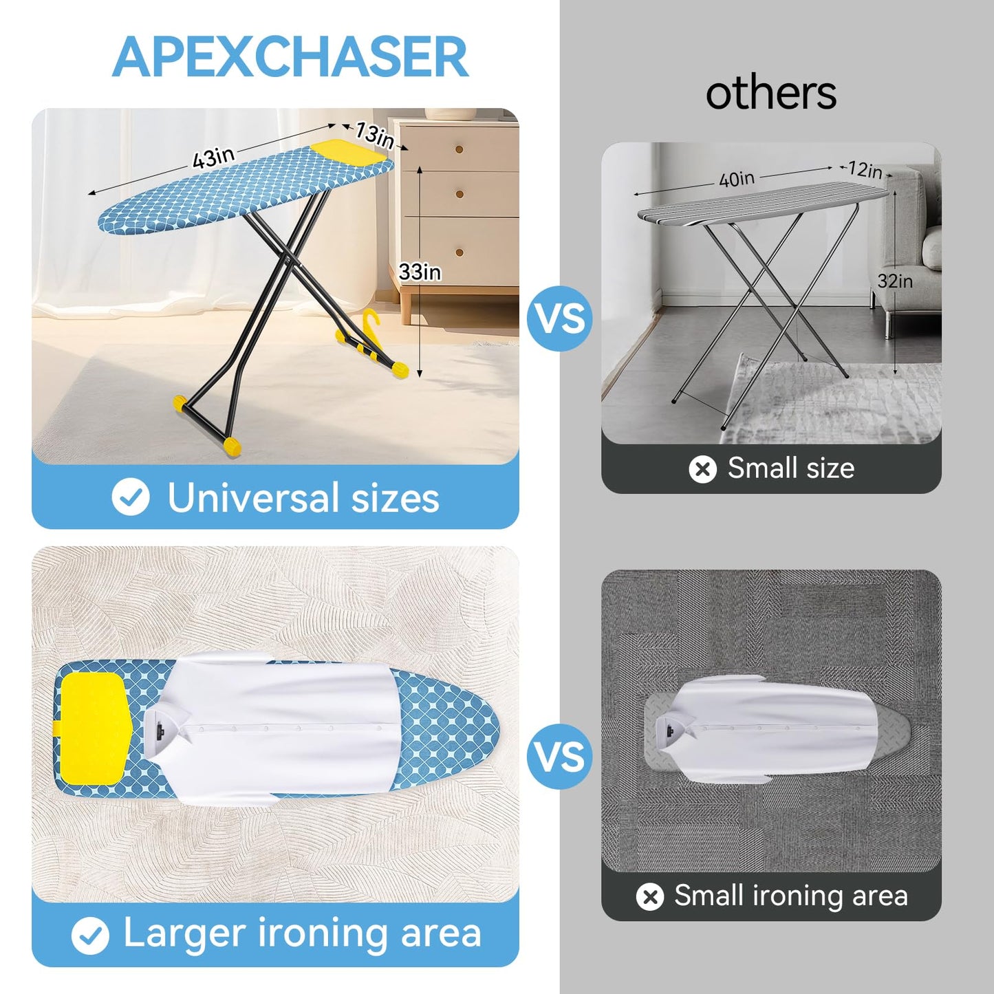 APEXCHASER Ironing Board with Iron Rest, Compact and Space Saver Iron Board, Extra Thick Cover, Height Adjustable, Wall Mount & Closet Hanger 13x43 Yellow