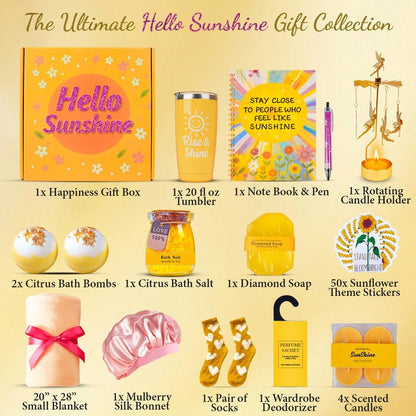 Sunflower Gifts for Women, 17pcs Sunshine Box Care Package for Her, Get Well Soon Gift Baskets for Women, Birthday Basket For Her, Gift Box for Girls, Hug in a Box & Stress Relief Spa Set for Her