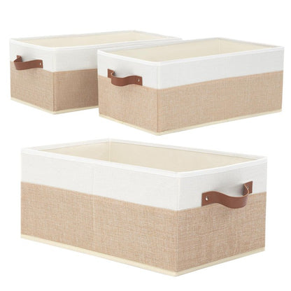 Closet Organizer Bins 3 Pack, Large Storage Bins for Shelves, Foldable Closet Storage Boxes Baskets with Leather Handles for Organizing Clothes, Sheets, Jeans, Toys, Books（Begie）