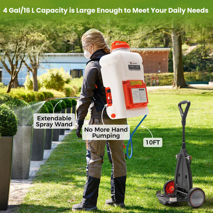 Toovem Battery Powered Backpack Sprayer, 4 Gallon Electric Sprayer with Wheeled Cart, Adjustable 0-94 PSI Backpack Garden Sprayer with 10FT Hose, 6 Nozzles for Lawn, Garden, Yard