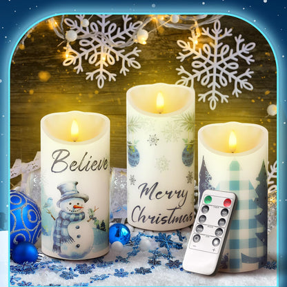 ROCEEI 3 Pcs Christmas Snowflake Style Candles Battery Operated LED Candles Winter Christmas Snowflake Style Pillar Flickering Real Wax Decorations for Indoor Table Decor Xmas Gifts Holiday Party