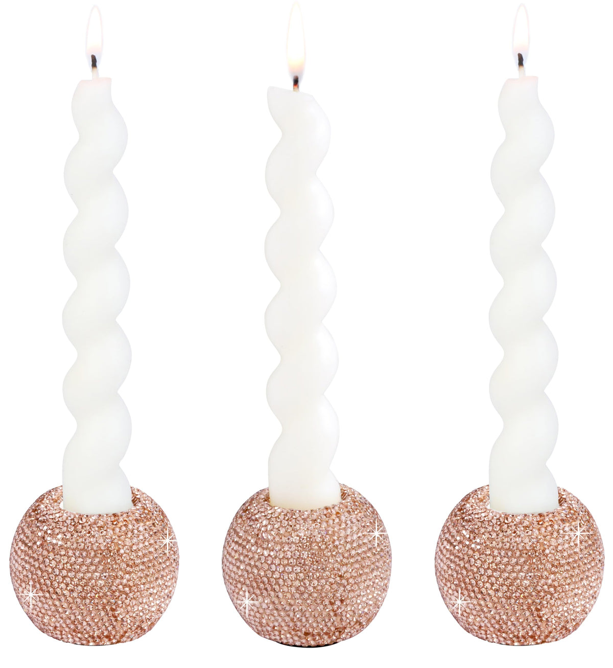 Vixdonos Round Resin Rhinestones Candlestick Holders Set of 3 Ceramic Candle Holder Bulk for Taper Candles,Rose Gold