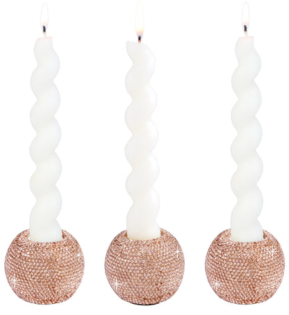 Vixdonos Round Resin Rhinestones Candlestick Holders Set of 3 Ceramic Candle Holder Bulk for Taper Candles,Rose Gold