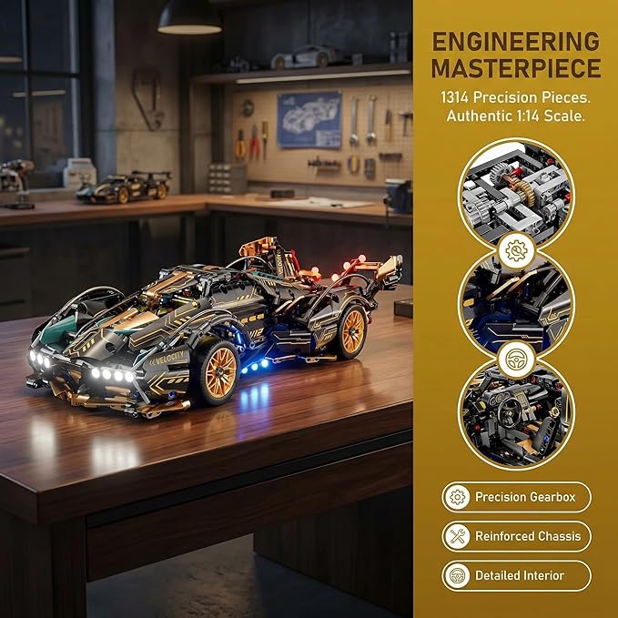 RC Building Blocks for Adults 1314PCS 1:14 Scale Supercar Model with APP Control LED Lights Motorized STEM Toy Sports Car Build Your Own RC Car Kit