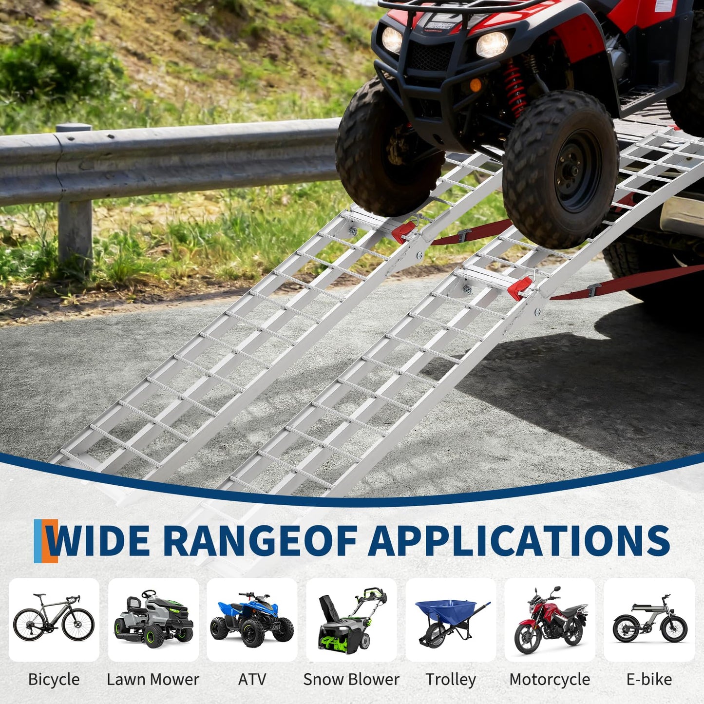 Heavy Duty 1500LB Capacity Aluminum Motorcycle Loading Ramp Set – 7.5FT Folding Design,Load Straps for Pickup Trucks, Motorcycles, Lawnmowers, Dirt Bikes(2-Pack)