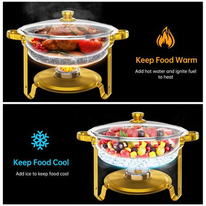 IMXSUMDA Chafing Dish Buffet Set 4 Pack, 5QT Gold Round Chafing Dishes for Buffet, High Grade Chafers and Buffet Warmers Sets with Glass Lid, Rolled-Edge Food Warmers for Parties, Weddings, Catering