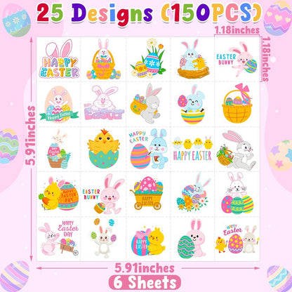 150 PCS Easter Tattoos, 6 Sheets Spring Basket Stuffers Fake Tattoos with Bunny Egg, Cute Individually Stickers for Easter Basket Filler Party Favors Accessories