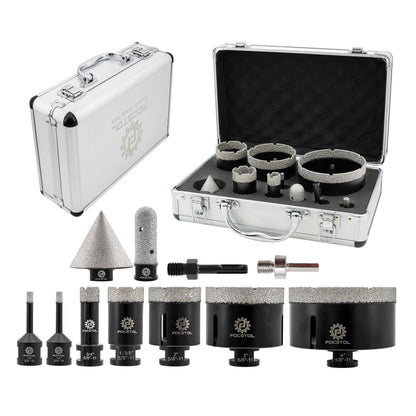 Diamond Core Drill Bit Set - FOCSTOL 11pcs (6/6/19/35/51/76/102mm+20mm Finger Milling Bit+50mm Beveling Chamfer Bit+Hex+SDS) Diamond Hole Saw Kit for Porcelain Ceramic Tile Marble Granite
