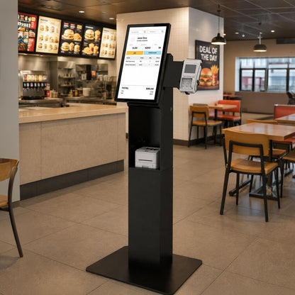 Mount-It! Kiosk Floor Stand For Monitors and VESA Compatible Digital Signage Displays with Printer Storage Slot and Card Reader Bracket, Fits 15" to 22" up to 22lbs - for Check-in & POS Stations Black