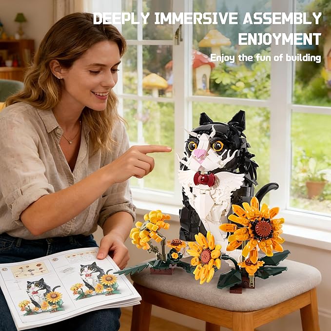 Tuxedo Cat Building Set with Sunflowers for Adults Ages 14+ Compatible with Lego Animal Kit for Home Living Room or Bedroom Decor Black - 1434PCS