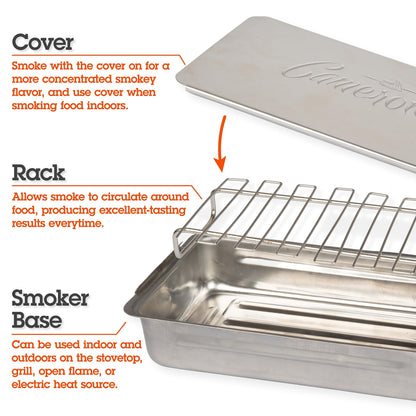 Camerons Indoor Outdoor Stovetop Smoker - Stainless Steel Barbecue Smoker Box w/Oak Wood Chips & Recipes - Works On Any Heat Source, Stovetop or BBQ Grill for Smoking Meats - Grilling Gift for Men