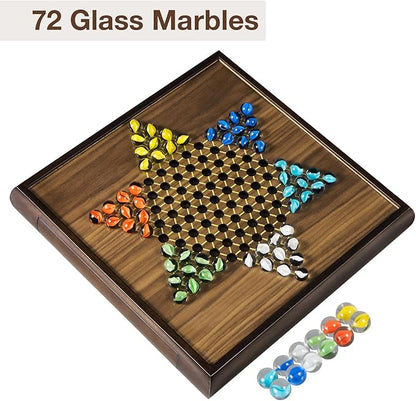 2 in 1 Magnetic Chess Set &amp Chinese Checkers 13 Wooden Board Game with Storage Drawer and 60 Glass Marbles + Bonus 12 Spare &amp 2 Extra Queensfor Kids and Adults
