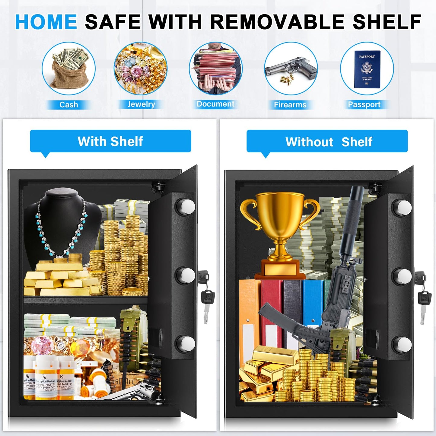 3.4 Cub Large Home Safe Fireproof Waterproof, Anti-theft Fireproof Safe Box with Digital Keypad, Spare Keys and Alarm System, Fire Safes for Home Document Money Valuables