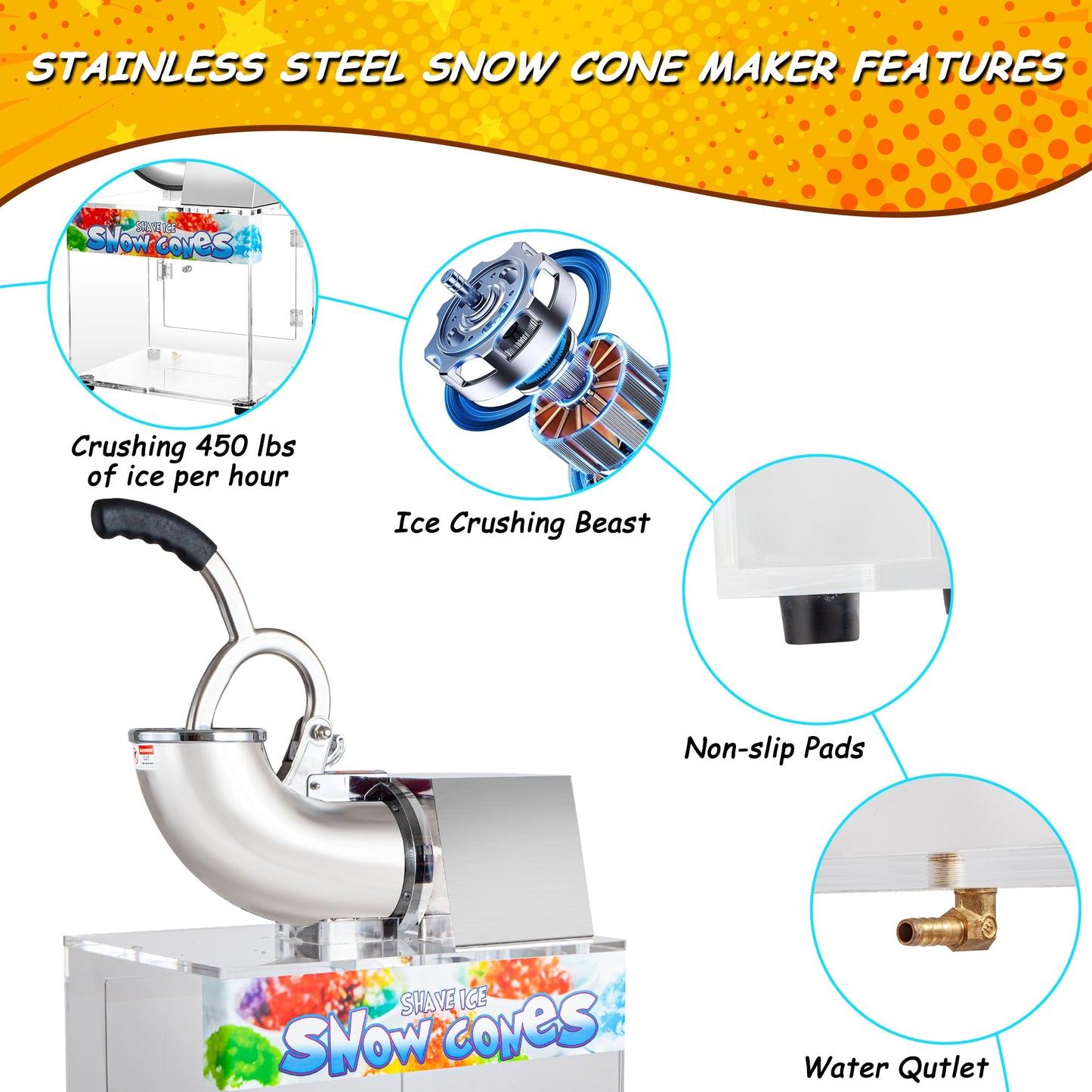 VNN 48L Snow Cone Machine, 500LB/H Commercial Shaved Ice Machine, 300W Electric Ice Shaver Machine, Suitable for Party Activities, Family Gatherings, Events