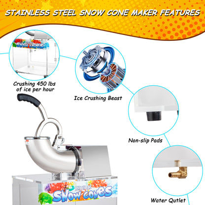 VNN 48L Snow Cone Machine, 500LB/H Commercial Shaved Ice Machine, 300W Electric Ice Shaver Machine, Suitable for Party Activities, Family Gatherings, Events
