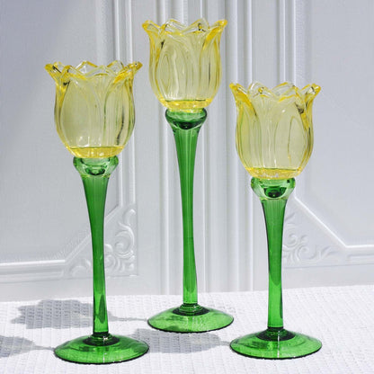 VOHO Yellow Tulips Candle Holders for Modern Home Decor, Bright Yellow Tealight Candle Holder Birthday Gifts for Women Friends, Tulip-like Tea Lights Candle Holder for Party Table Centerpiece(Set of3)