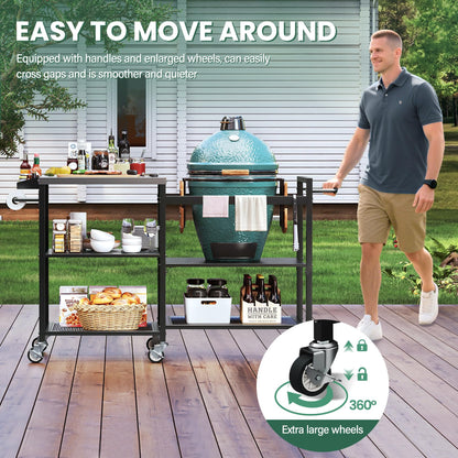 TC-HOMENY Grill Table for Big Green Egg Stand, Metal Cooking Table Stand with Wheels, Heavy Duty Outdoor Movable Style BBQ Grill Cart, Grill Holder Compatible with Large Big Green Egg and Other Models