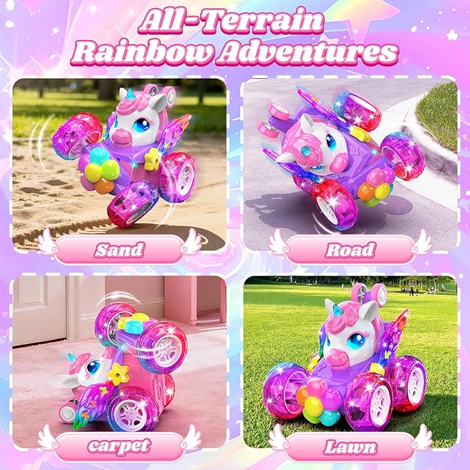 Unicorn RC Cars for Girl Toys with Glowling Crystal Wings &ampEyes Lights360°Rotation Remote Control Car Unicorn Stunt Car Birthday Gifts Easter Basket Stuffers for 3 4 5 6 7 8 9 10 Year Old Girls