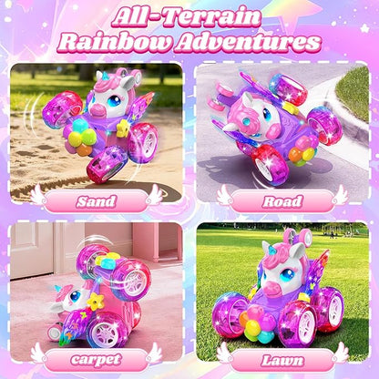 Unicorn RC Cars for Girl Toys with Glowling Crystal Wings &ampEyes Lights360°Rotation Remote Control Car Unicorn Stunt Car Birthday Gifts Easter Basket Stuffers for 3 4 5 6 7 8 9 10 Year Old Girls
