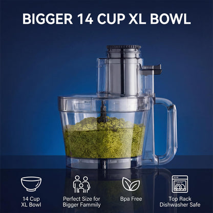 Magiccos 14 Cup Food Processor - 1000W Motor, Storage Drawer for Blades, 7 Speeds, XL Bowl & Large Feed Chute, French Fry Cutter, Chop Slice Shred & Mix for Vegetables, Cheese & Meat, Family Meals