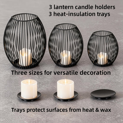 Black Candle Holder Set – Modern Metal Wire Black Candlestick Holders for Pillar Candles, Decorative Round Cage Candle Lanterns for Table, Shelf, or Home Décor