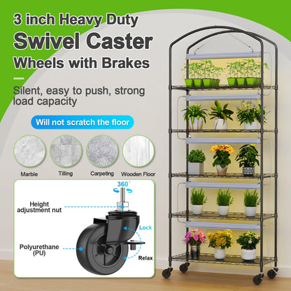 Abimars 5-Tier Greenhouse with Grow Light, Shelf Height Adjustable Metal Plant Shelf with PVC Cover and Wheels, Includes 5-Pack 2900K Full Spectrum Plant Lights, 13x29x73inch