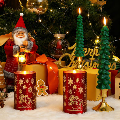 Lezonic Christmas Flameless Candles with Remote, Green Christmas Tree Flickering Battery Operated Window Candlesticks, Red Glass Xmas New Year Decorations Gifts, Set of 4 Real Wax LED Candles
