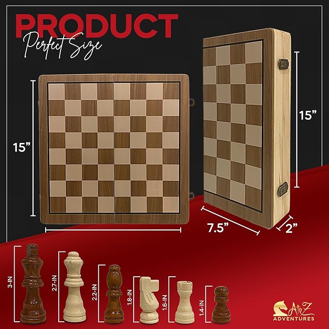 Magnetic Chess Set with Checkers - 15 (2 in 1) Folding Wooden Chess Sets for Adults &amp Kids with 2 Extra Queens | Travel Chess Board Game Set with Chess Pieces Storage Slots Luxury Gift with Stor