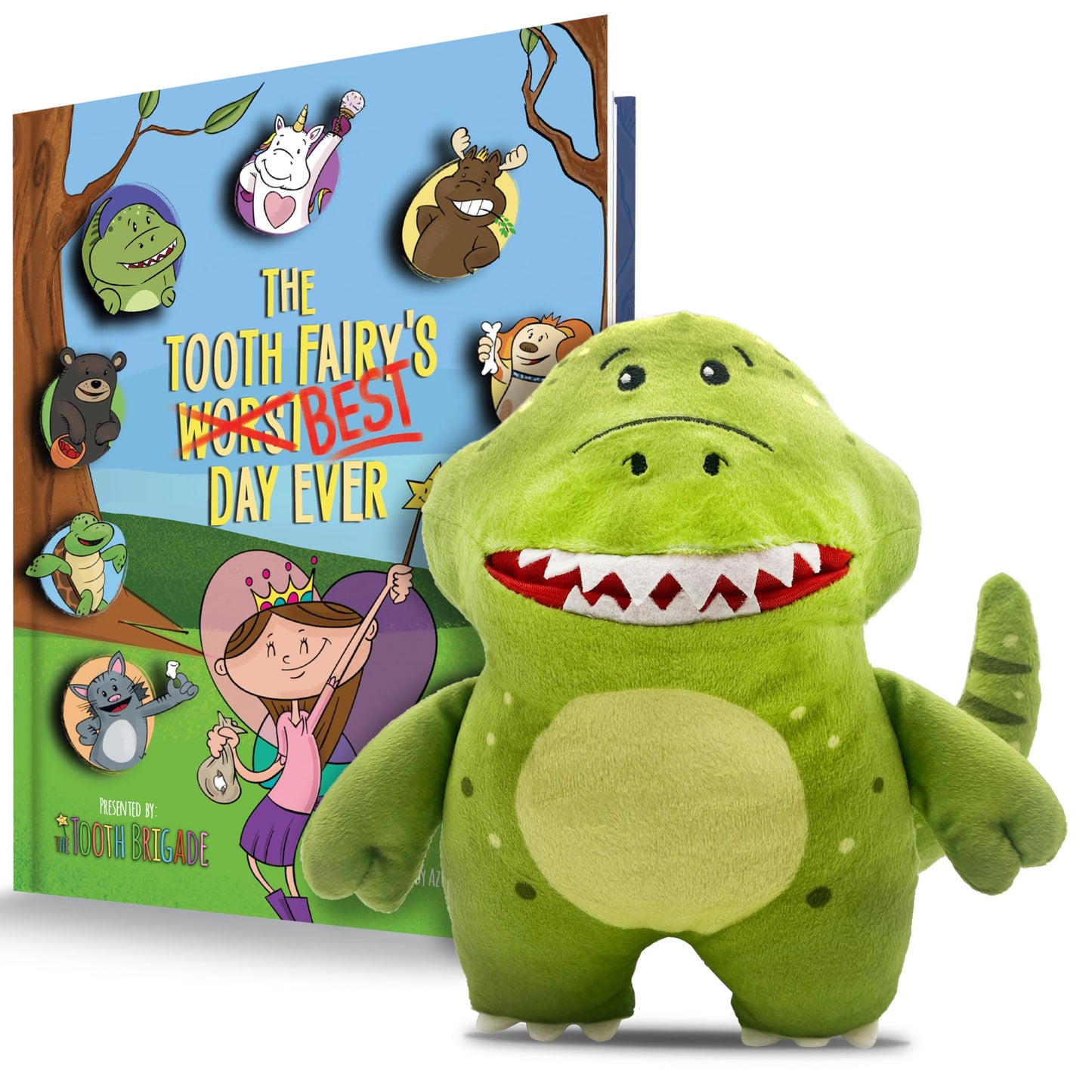 Rebel Dinosaur Tooth Fairy Pillow and Book Bundle | 8" Plush with Pocket for Lost Teeth & Hardcover Storybook w/Tracker, Q&A for Boys Girls Children of All Ages