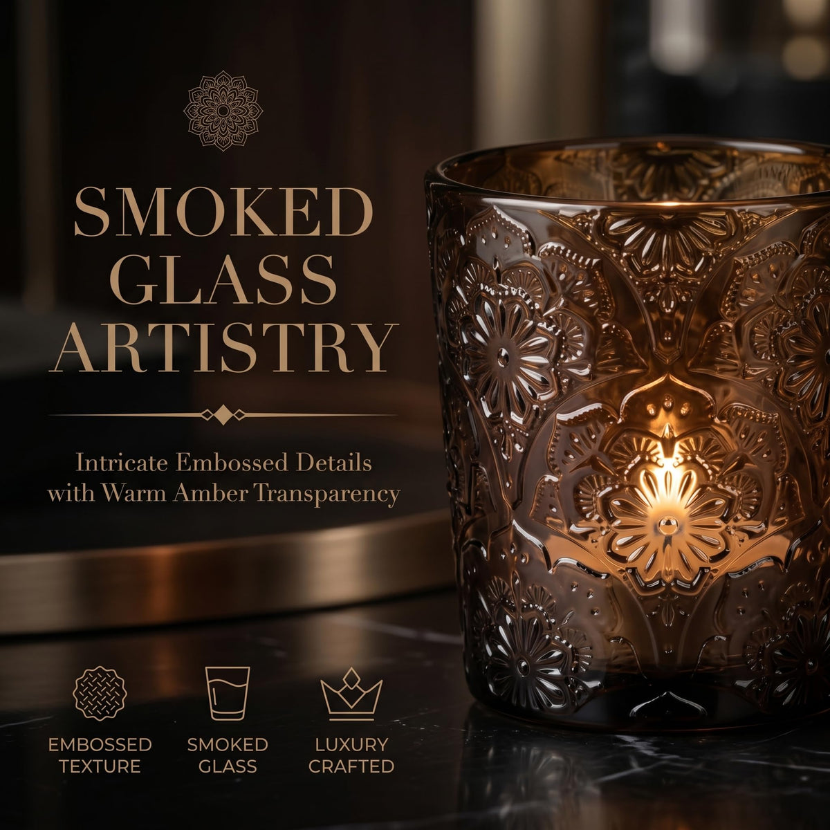6 Pack Mandala Embossed Glass Candle Holders – Votive Tealight Holders with Patent Design, Decorative Embossed Glass Cups for Wedding Centerpieces, Parties, and Home Décor (Chestnut Brown)