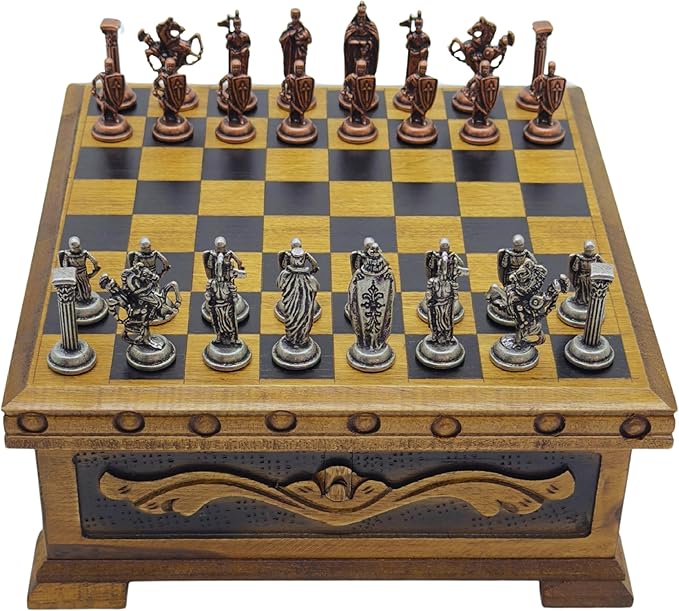Wooden Chess Set with Storage – Handcrafted Chess Board and British Figure Metal Chess Pieces – Decorative Chess Game for Adults &amp Kids – Premium Gift for Family &amp Friends (Copper Chess Pieces