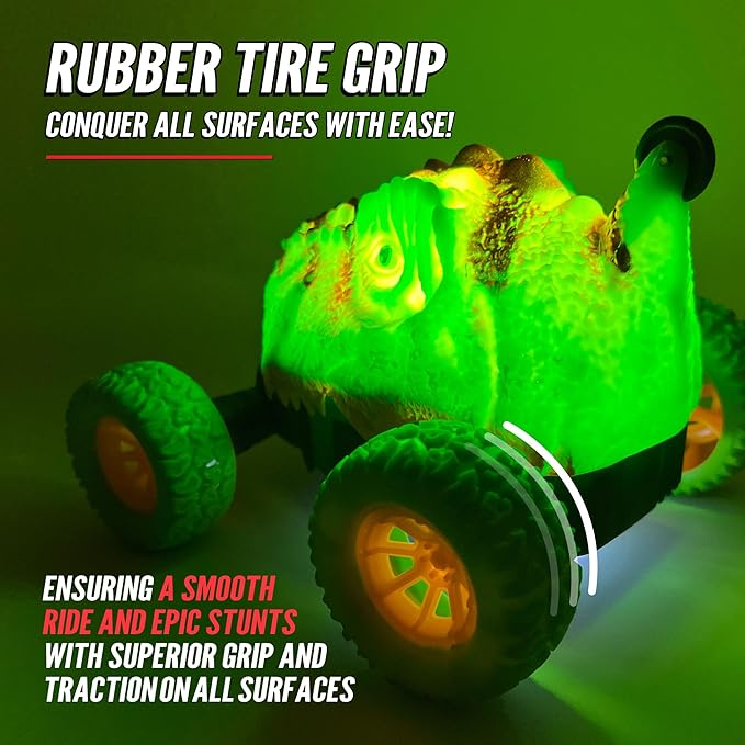 Hyper Drive RC Dinosaur Stunt Car - 360 Rolling Twister Light-Up Action Durable Remote-Control Toy for Boys and Girls Full-Function with Hand Controller Green