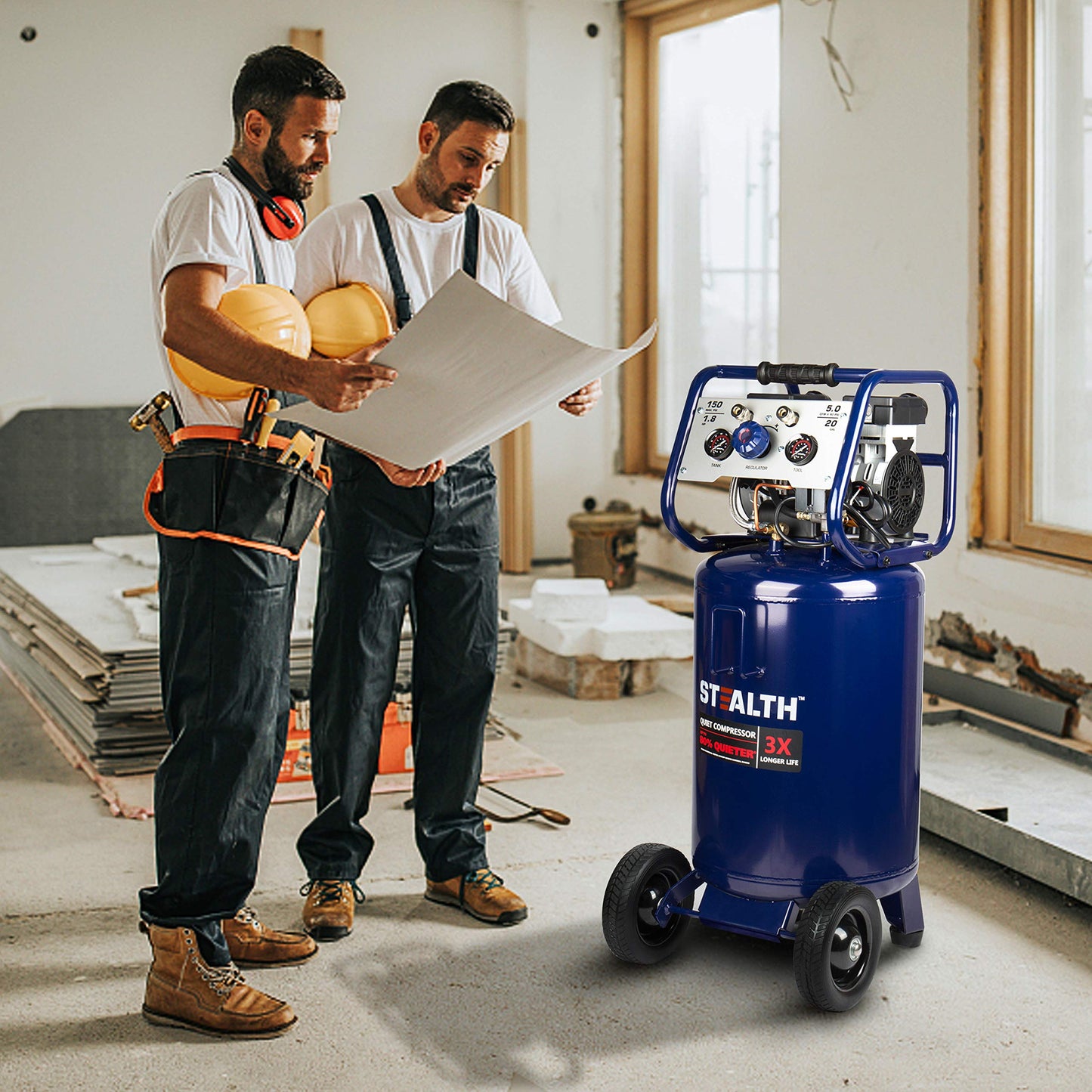 Stealth 20 Gallon Ultra Quiet Air Compressor,1.8 HP Oil-Free Peak 150 PSI 68 Decibel, 5.5 CFM @ 40 PSI 5 CFM @ 90 PSI Silent Long Life Electric Air Compressor W/Wheel for Garage