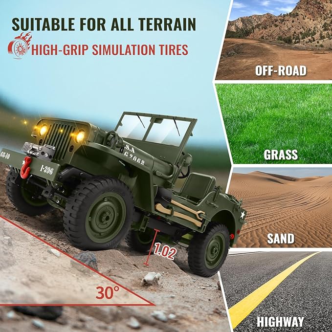Remote Control Truck Off Road - 4x4 1/10 Scale Willys Army Rock Crawler RC Truck with Winch&ampCar Cover 40Mins Play Time All Terrain Offroad RC Car Military Vehicle Toys for Boys Radio Controlled