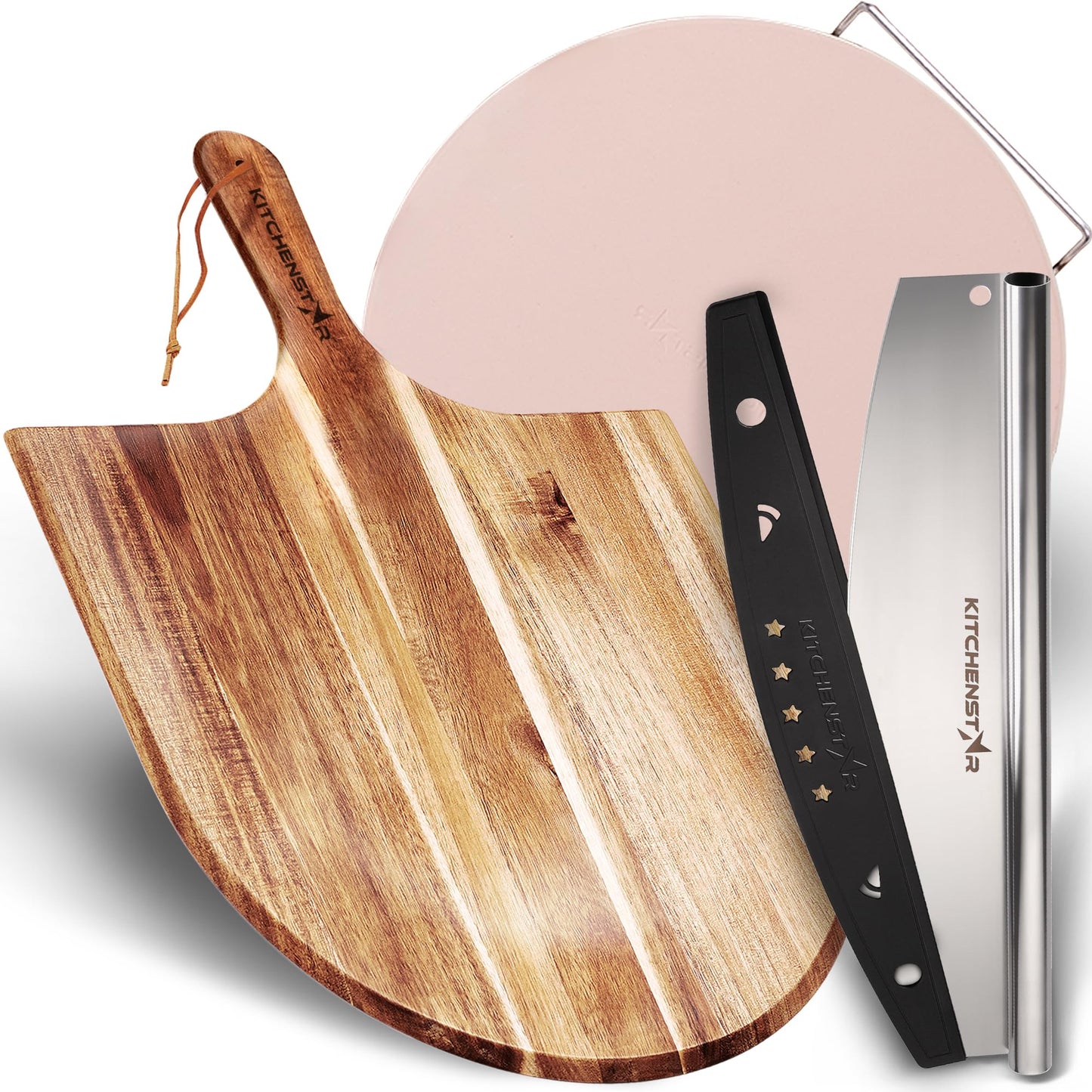 KitchenStar Pizza Cutter Rocker 18" + Acacia Wood Pizza Peel 16" + Pizza Stone for Oven and Grill 16" - Pizza Making Bundle