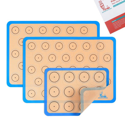 Silicone Macaron Baking Mat Half Sheet - Set of 3 (2 Half Sheet and 1 Quarter Sheet), Non Stick Silicon Oven Liner For Macaroons and Cookies, By Folksy Super Kitchen (16.5x11.6, Blue)