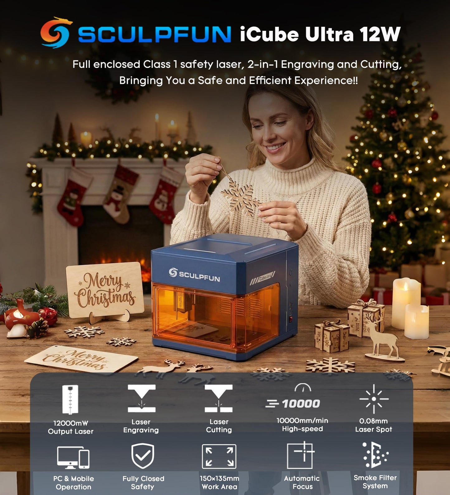 SCULPFUN iCube Ultra Laser Engraver, 12000mW Class 1 Laser Cutter with Smoke Filter, 150×135mm Work Area, Fully Enclosed Engraving Machine for Wood, Acrylic, Leather, Coated Ceramic, Oxidized Metal
