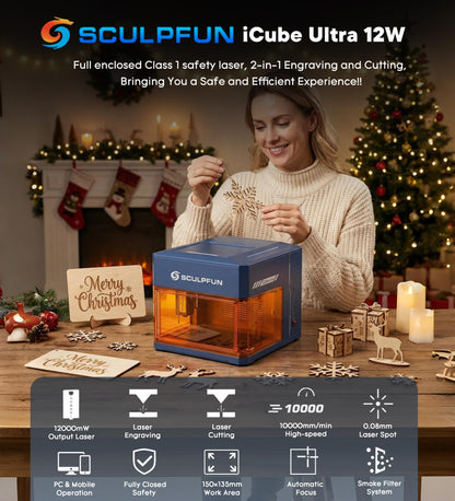 SCULPFUN iCube Ultra Laser Engraver, 12000mW Class 1 Laser Cutter with Smoke Filter, 150×135mm Work Area, Fully Enclosed Engraving Machine for Wood, Acrylic, Leather, Coated Ceramic, Oxidized Metal