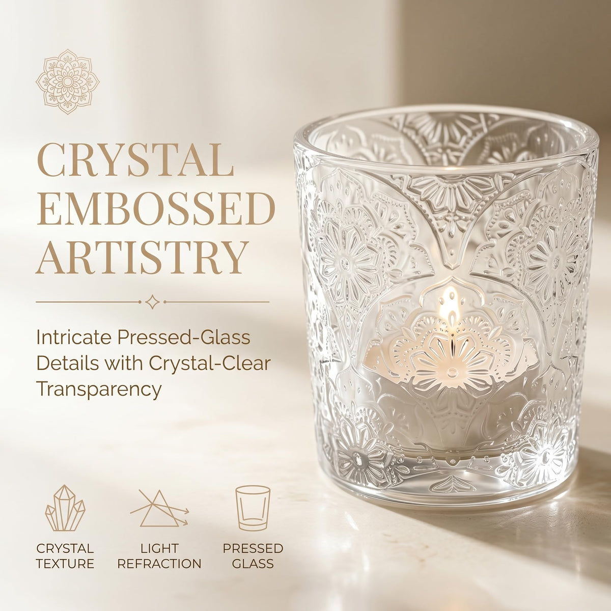 6 Pack Mandala Embossed Glass Candle Holders – Votive Tealight Holders with Patent Design, Decorative Embossed Glass Cups for Wedding Centerpieces, Parties, and Home Décor (Crystal Clear)