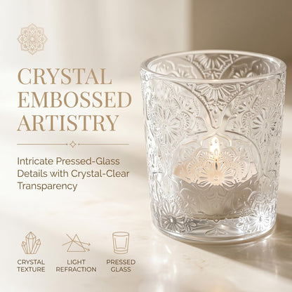 6 Pack Mandala Embossed Glass Candle Holders – Votive Tealight Holders with Patent Design, Decorative Embossed Glass Cups for Wedding Centerpieces, Parties, and Home Décor (Crystal Clear)