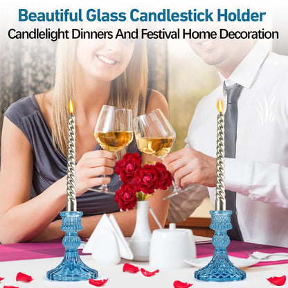 Blue Glass Candlestick Holders,Set of 8 Include Taper Candle Holders and Stripe Candle Holders,Two Style for Formal Events, Wedding, Festival,Church, Party & Festival Decoration