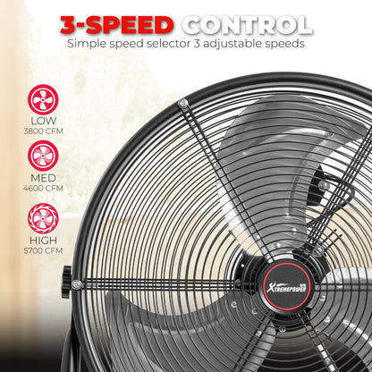 XtremepowerUS 24" Industrial Shop Fan High-Velocity Flow Drum Fan Floor Fan Rolling Drum Garage Tilt 3 Adjustable Speed Commercial, Gym, Garage Use, Black